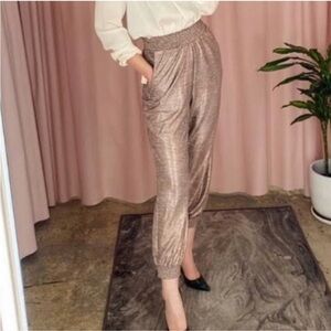 Athropologie Rose Gold Metallic Shimmer Harem Jogger 3X Pull On Pants Pockets